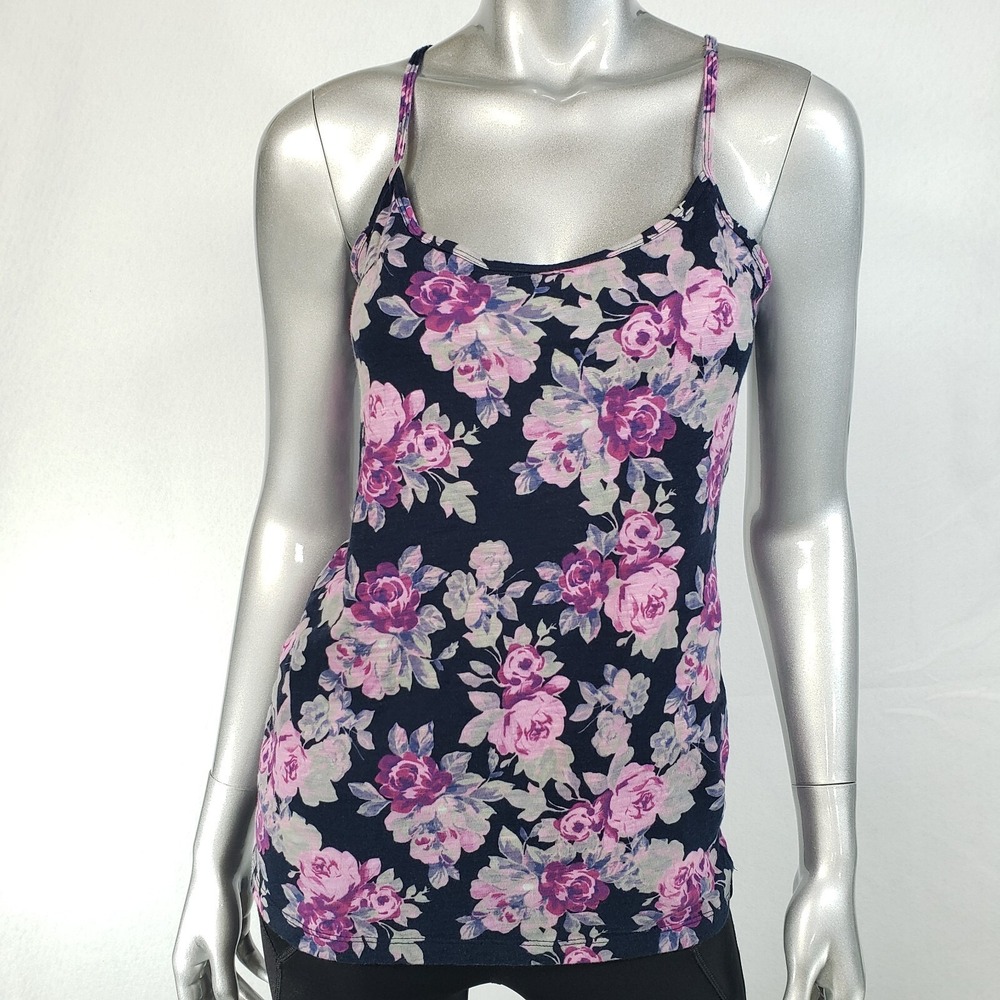 GRG Women's Pink Purple Gray Floral on Navy Tank Top Racer Back Large
